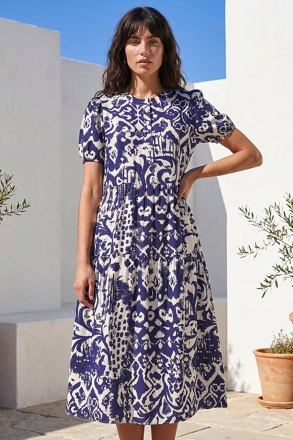 Blue Abstract Print Midi Shirt Dress, Image 4 of 4