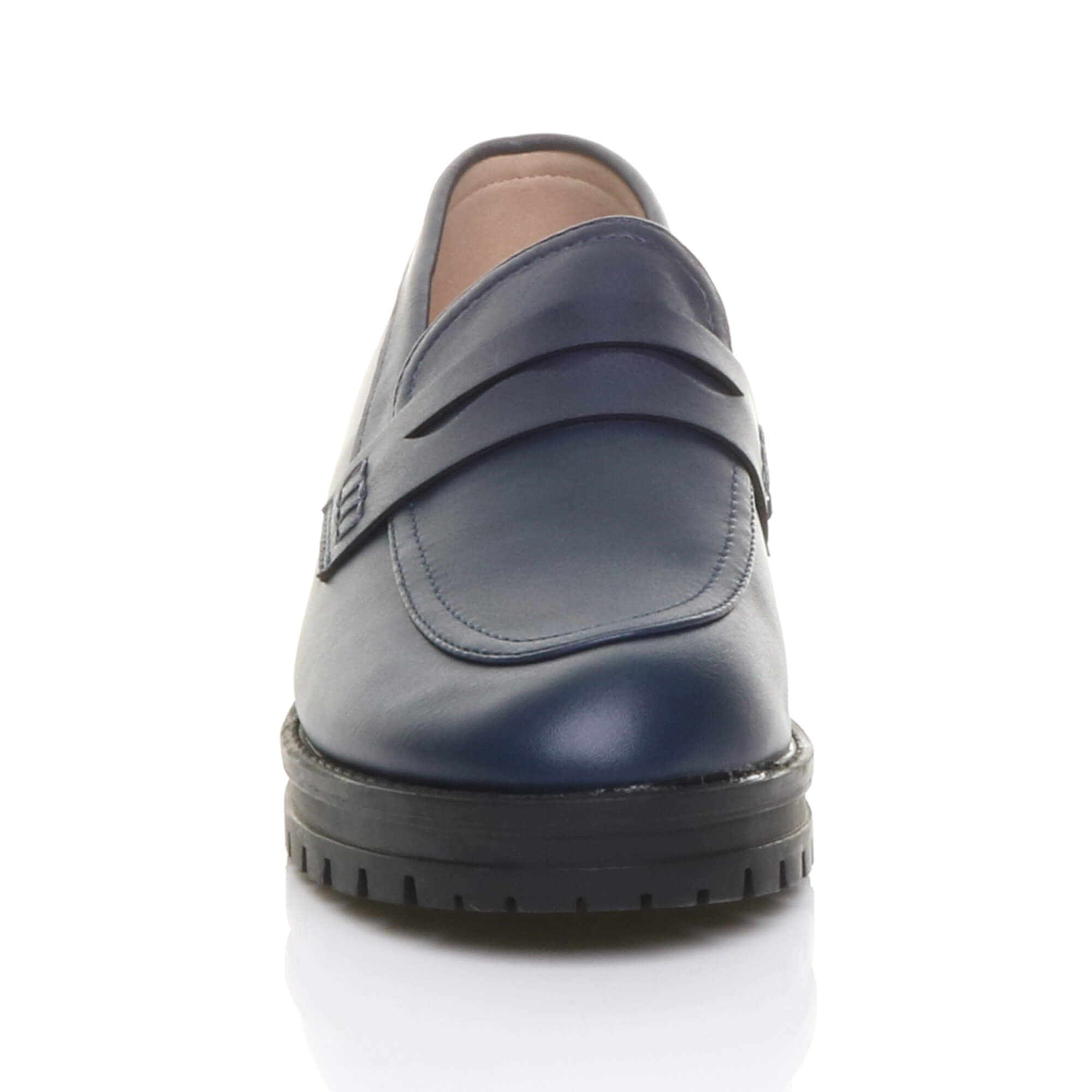 Navy Blue Flat Chunky Heeled Penny Loafers, Image 5 of 5