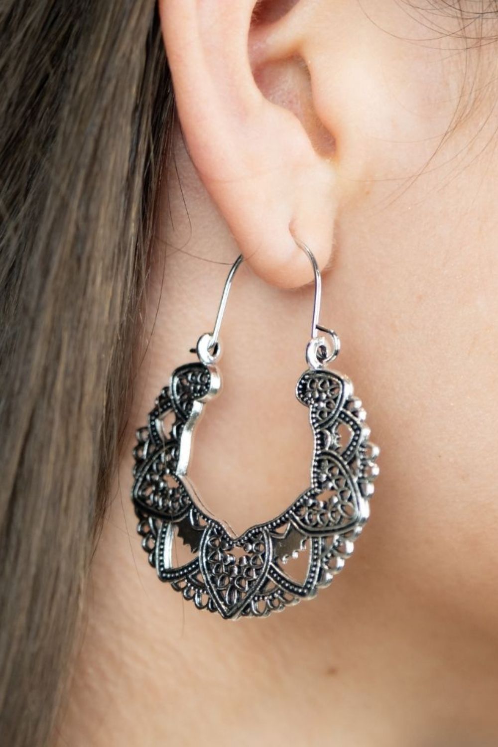 Silver Retro Hollow Carving Geometric Dangle Earrings, Image 1 of 2