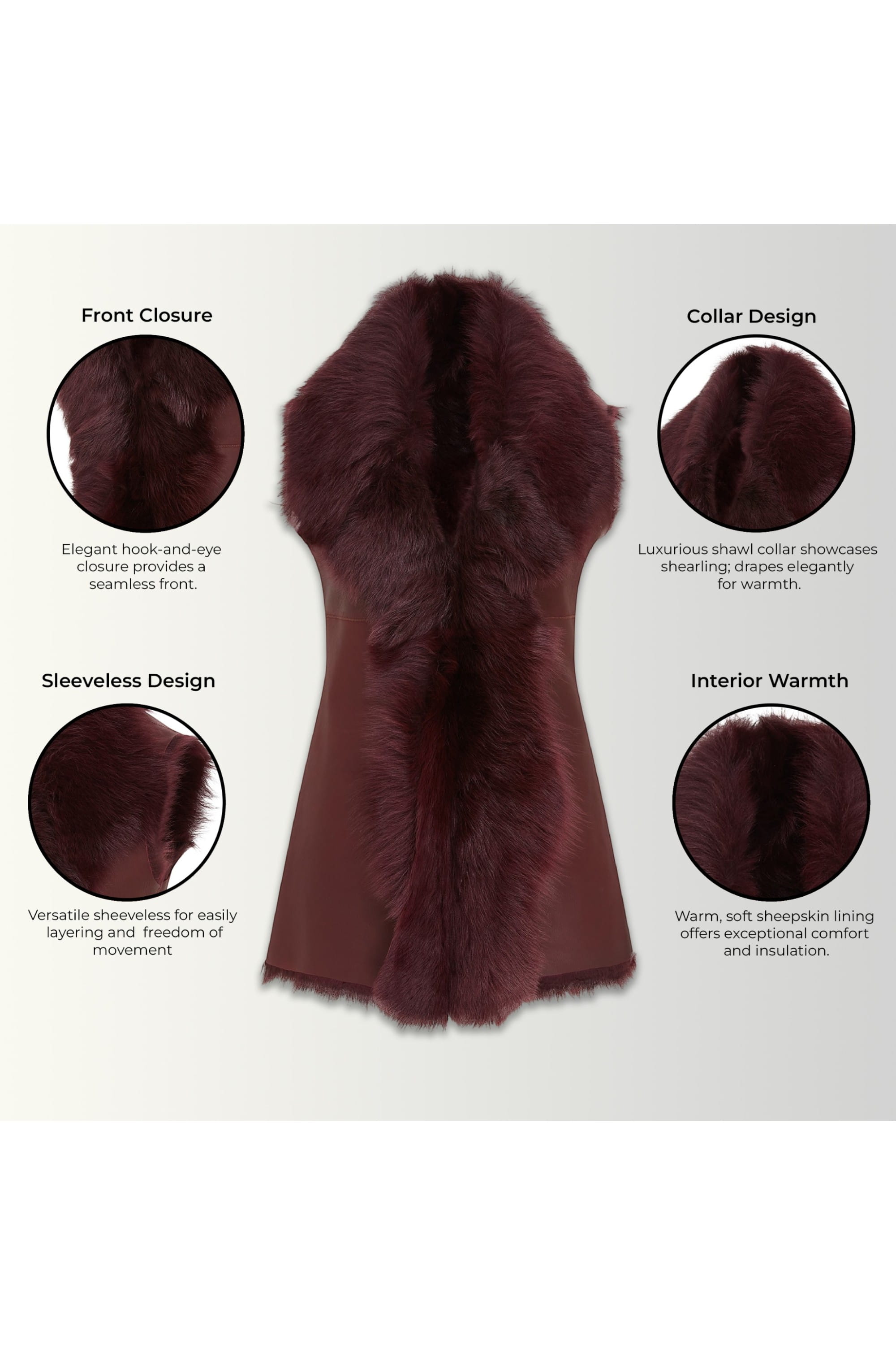 Burgundy Toscana Shearling Sheep Leather Gilet, Image 3 of 6