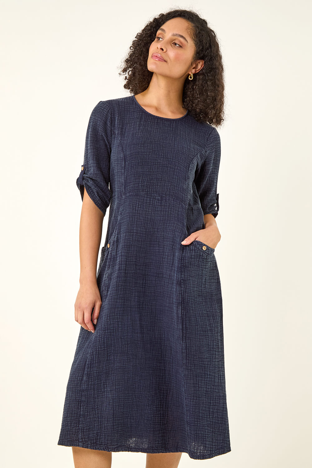 Denim Textured A-Line Midi Dress, Image 3 of 5