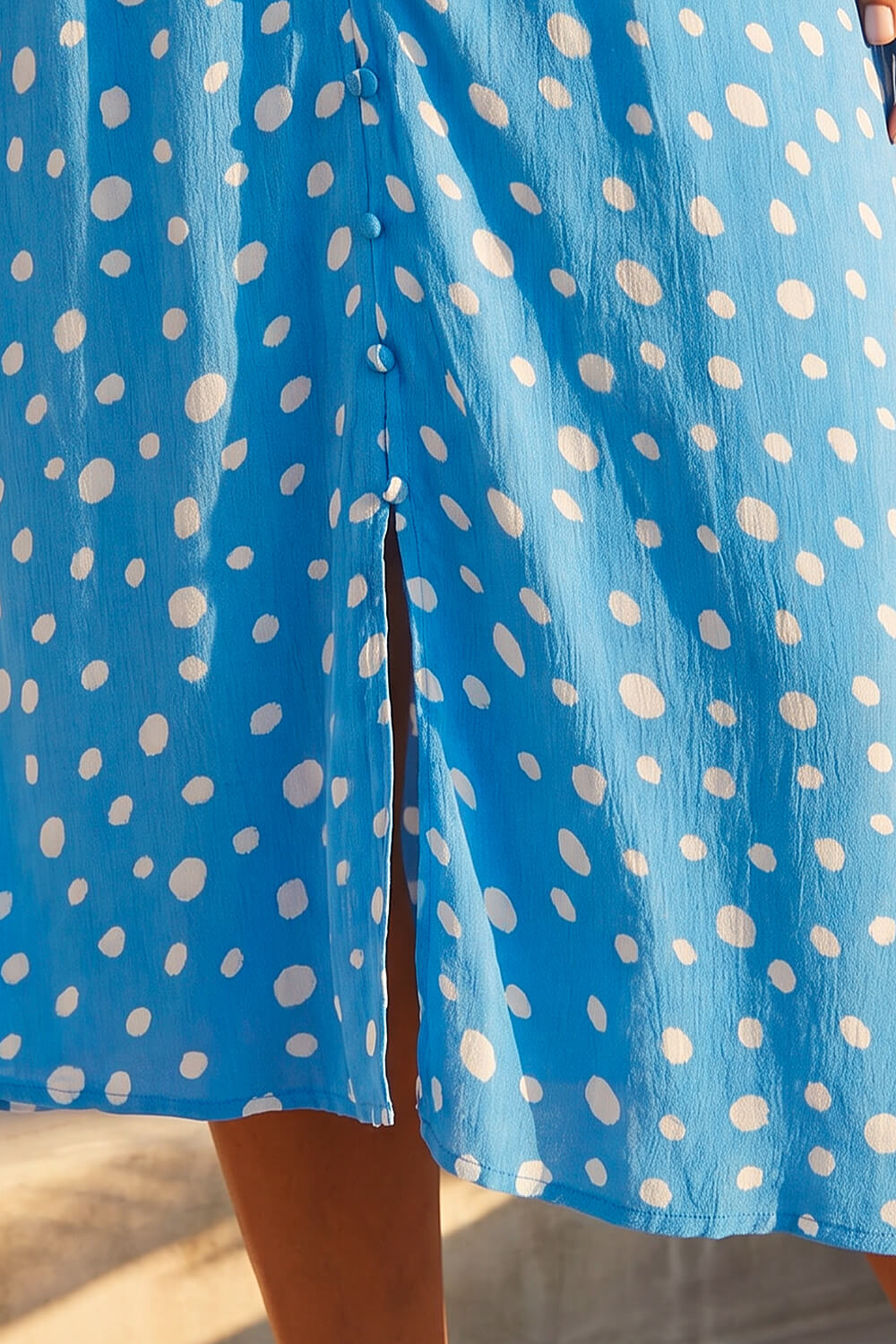 Light Blue Polka Dot Ruched Sleeve Midi Dress, Image 5 of 4