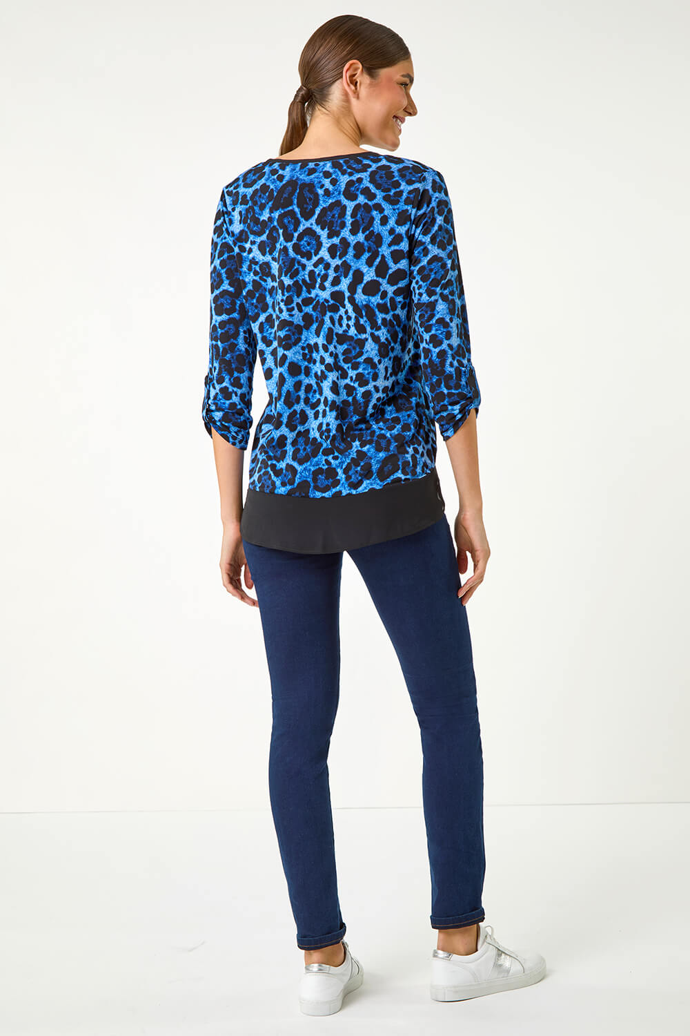 Blue Animal Print Contrast Border Print Top, Image 4 of 5