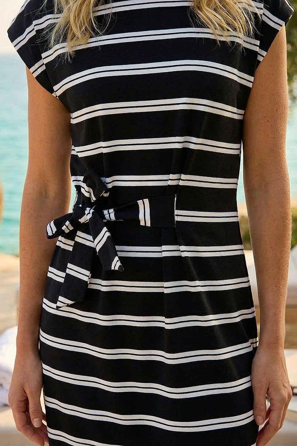 Black Stripe Tie Side Stretch Midi Dress, Image 5 of 4