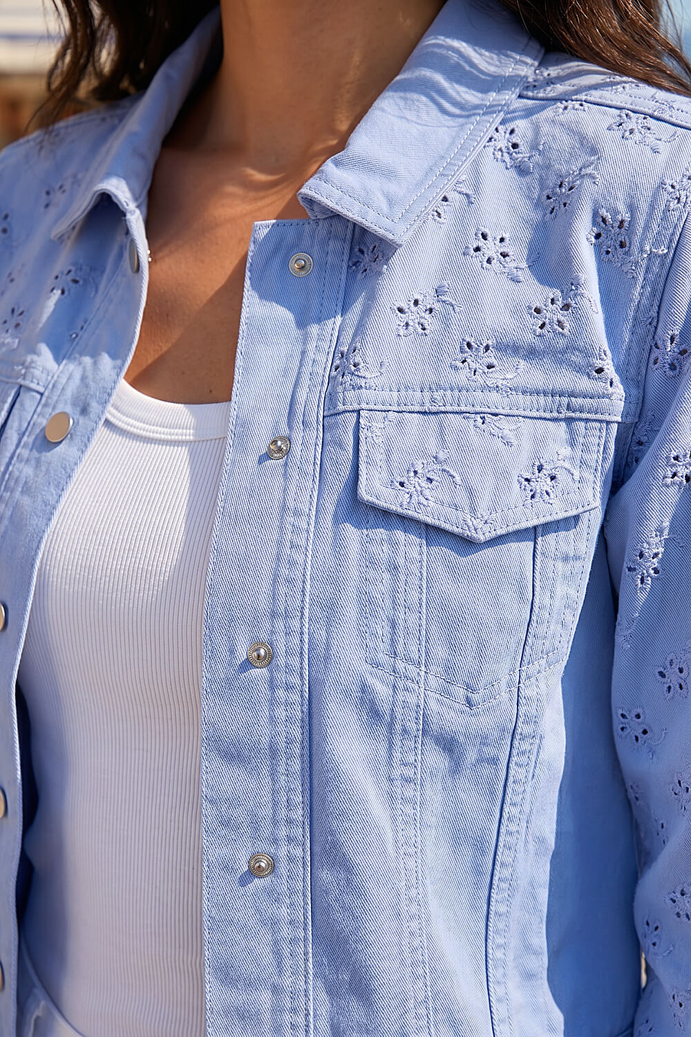 Denim Cotton Blend Broderie Sleeve Jacket, Image 5 of 4