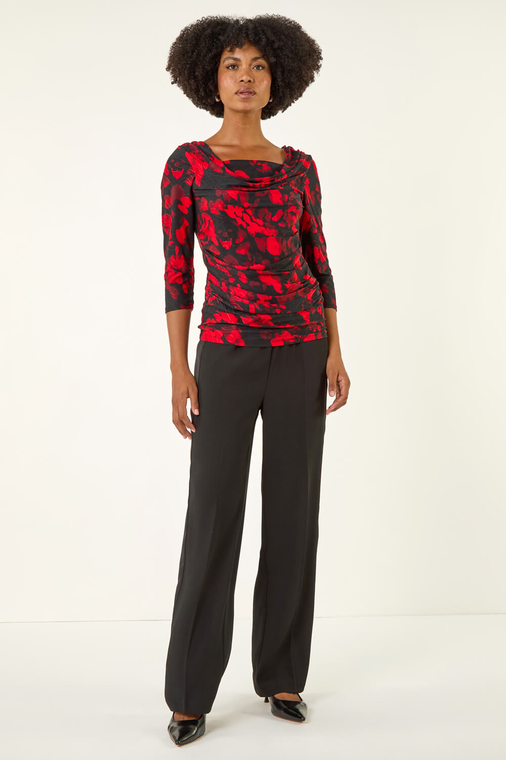 Red Printed Cowl Neck Stretch Top, Image 3 of 5