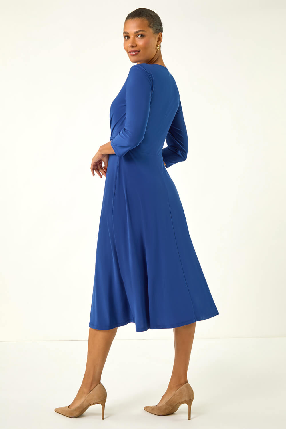 Royal Blue Stretch Crossover Midi Dress, Image 4 of 5