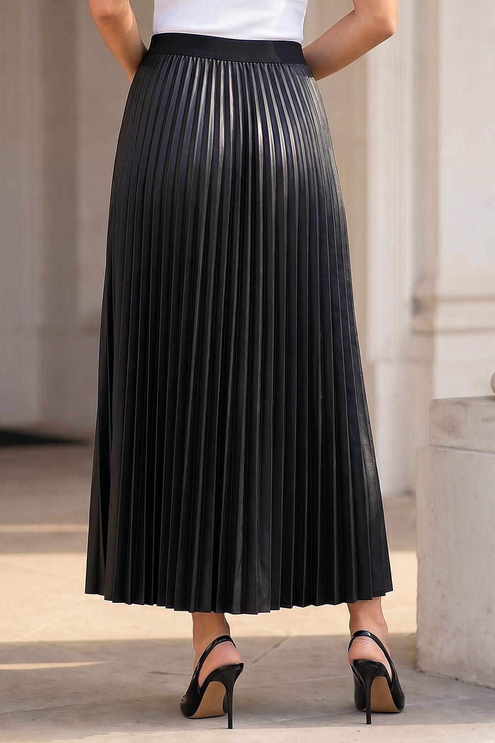 Black Faux Leather Pleated Skirt, Image 4 of 4