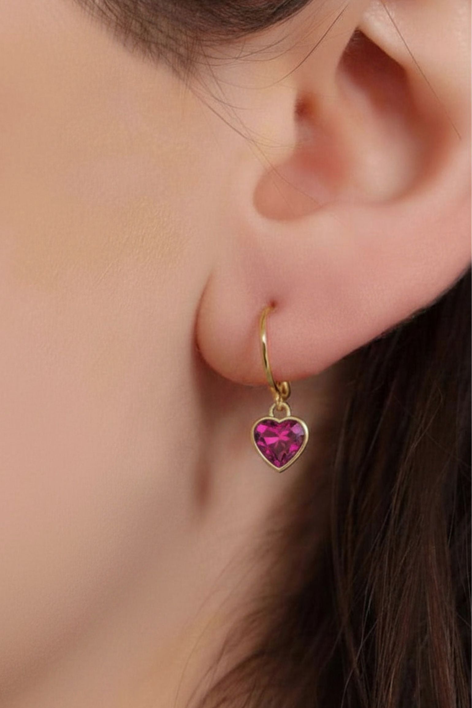 Fuchsia Gold CZ Heart Huggie Hoops, Image 2 of 2