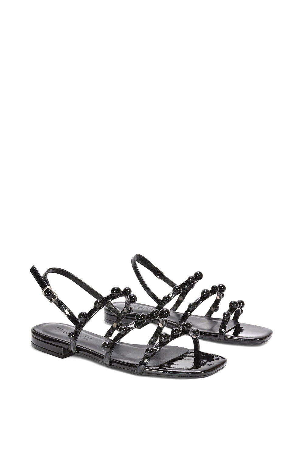 Black 'Pamela' Flat Strappy Sandals with Beaded Detail, Image 3 of 5