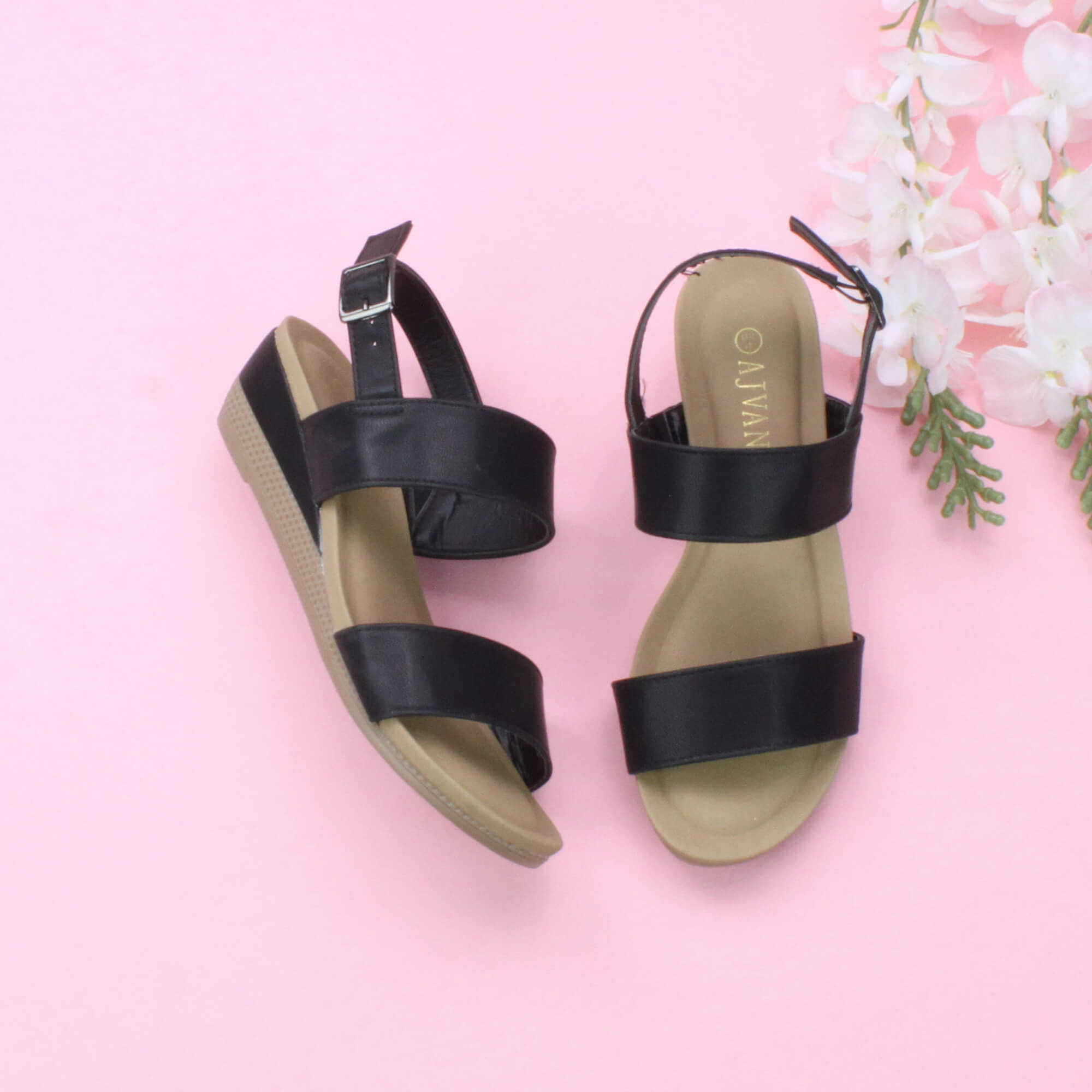 Black AJVANI Black Mid Wedge Heel Strappy Slingback Sandals, Image 4 of 6