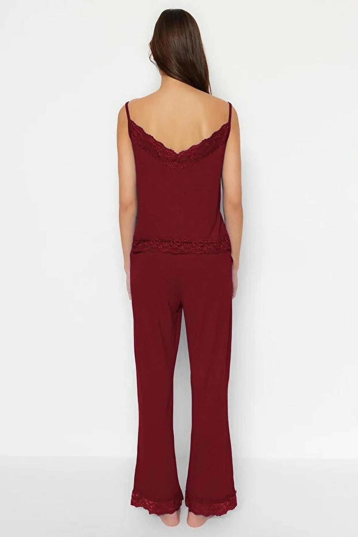 Burgundy WOVCOR Burgundy 2-Piece Lace Trim and Pyjama Set, Image 5 of 5