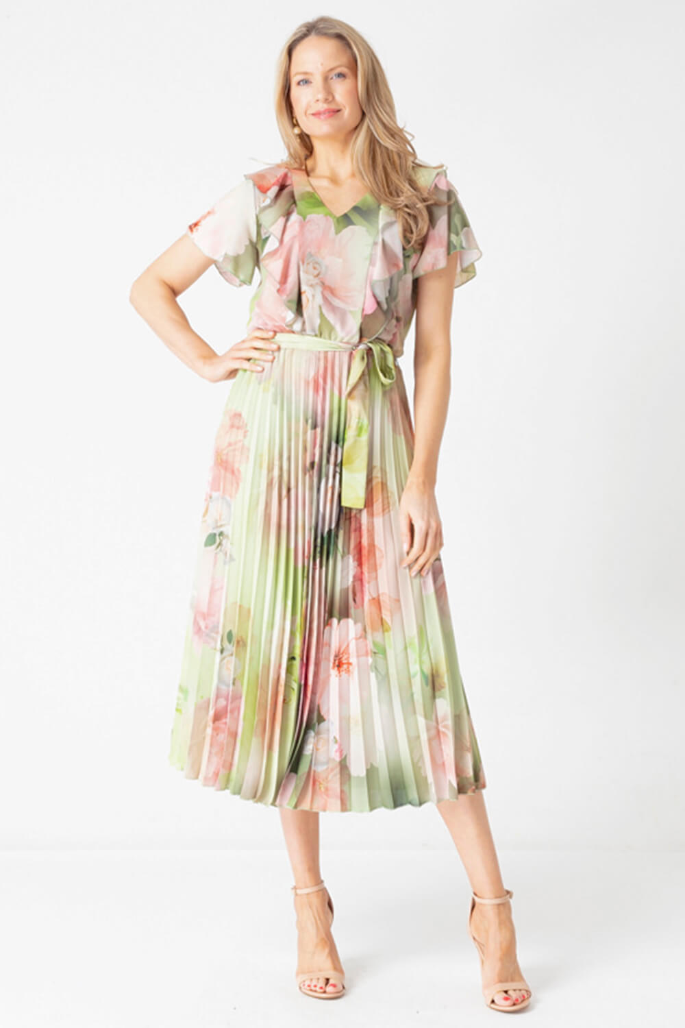 Green Julianna Frill Bodice Chiffon Dress, Image 3 of 4