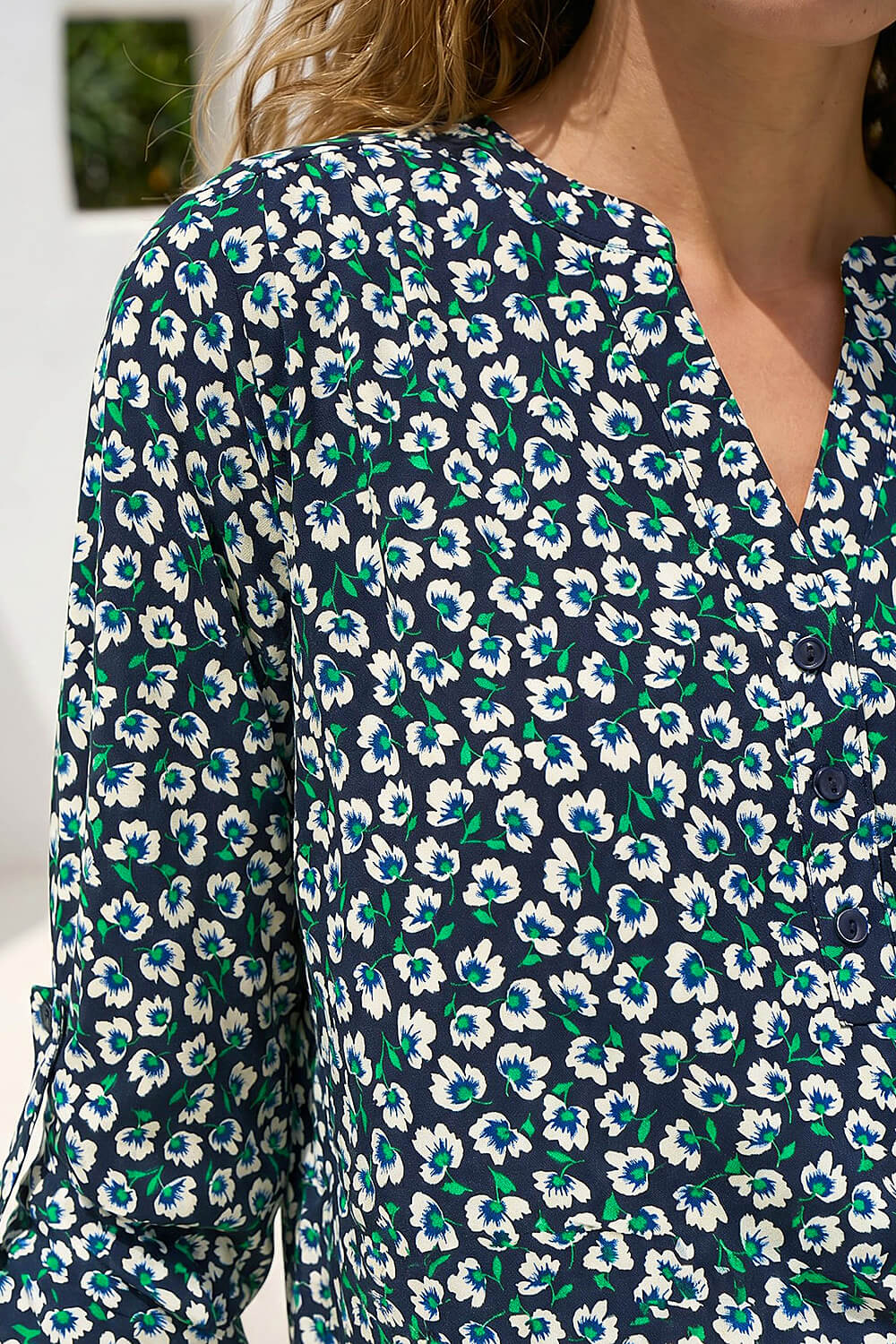 Navy Floral Print 3 Button Shirt, Image 5 of 4
