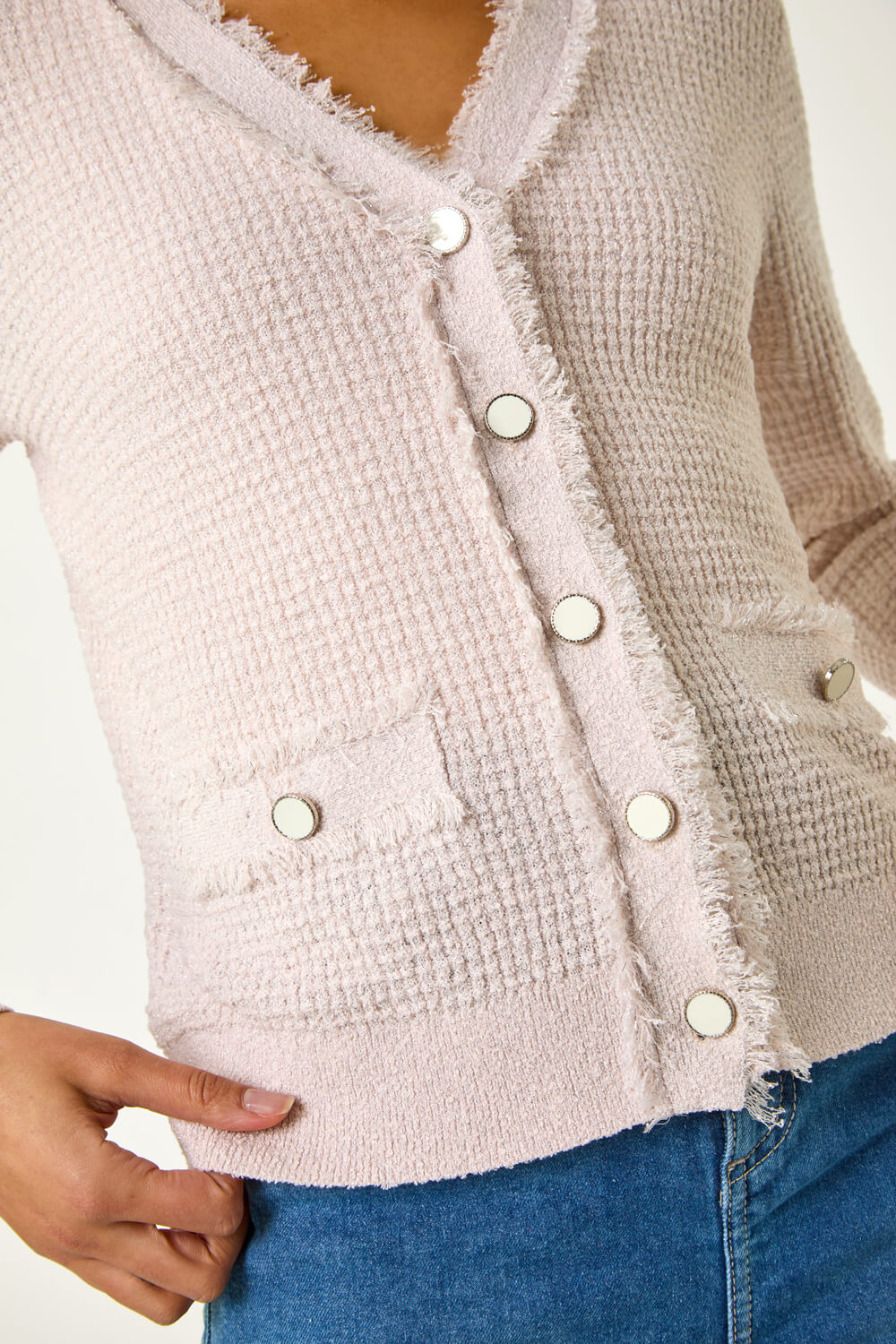 Light Pink Fringe Button Knit Cardigan, Image 6 of 7