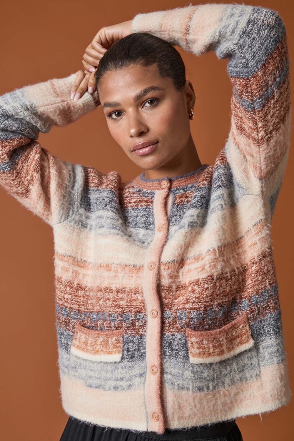 Denim Fluffy Ombre Knit Cardigan, Image 1 of 6