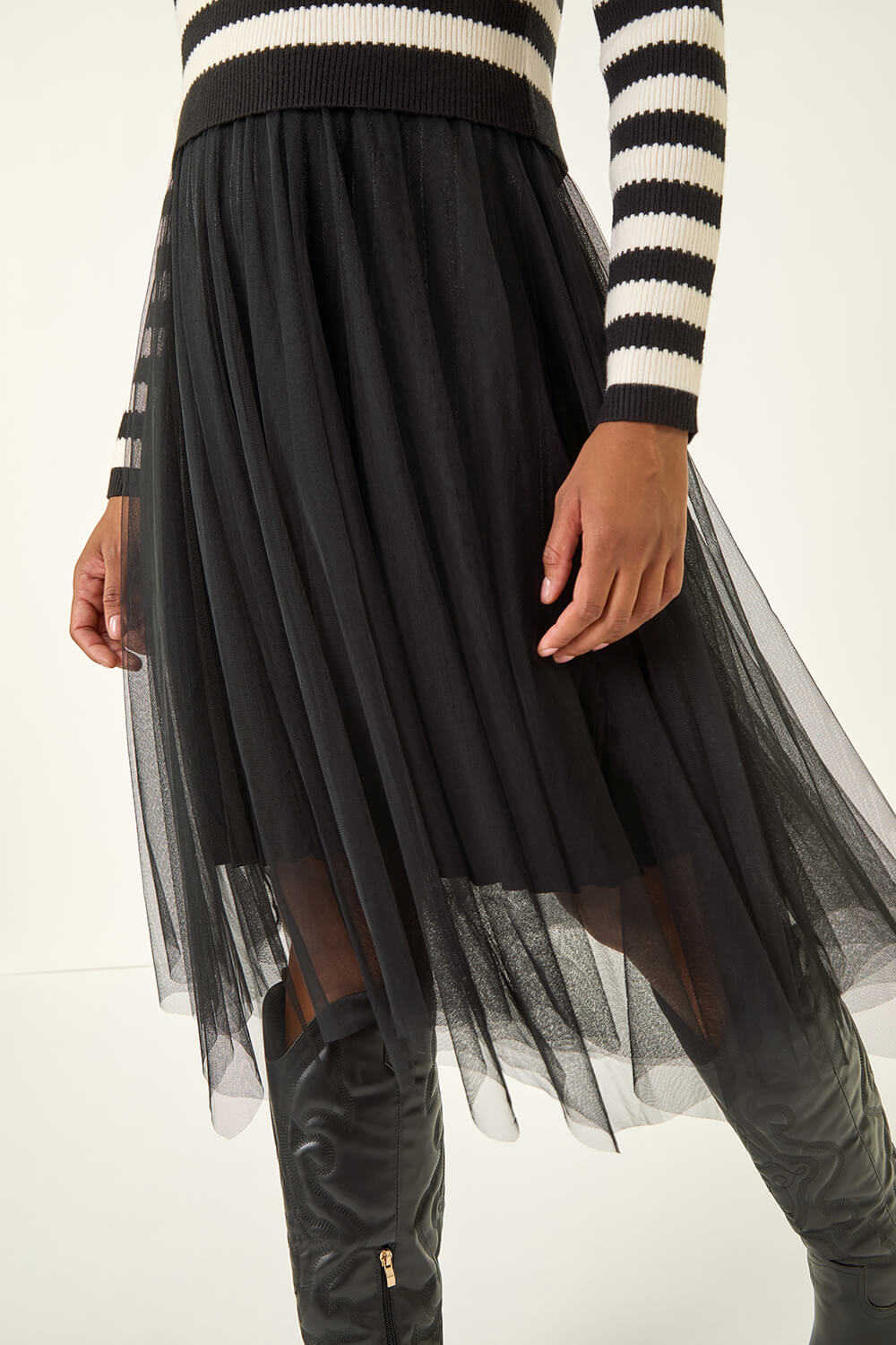 Black Stripe Print Mesh Midi Dress, Image 6 of 5