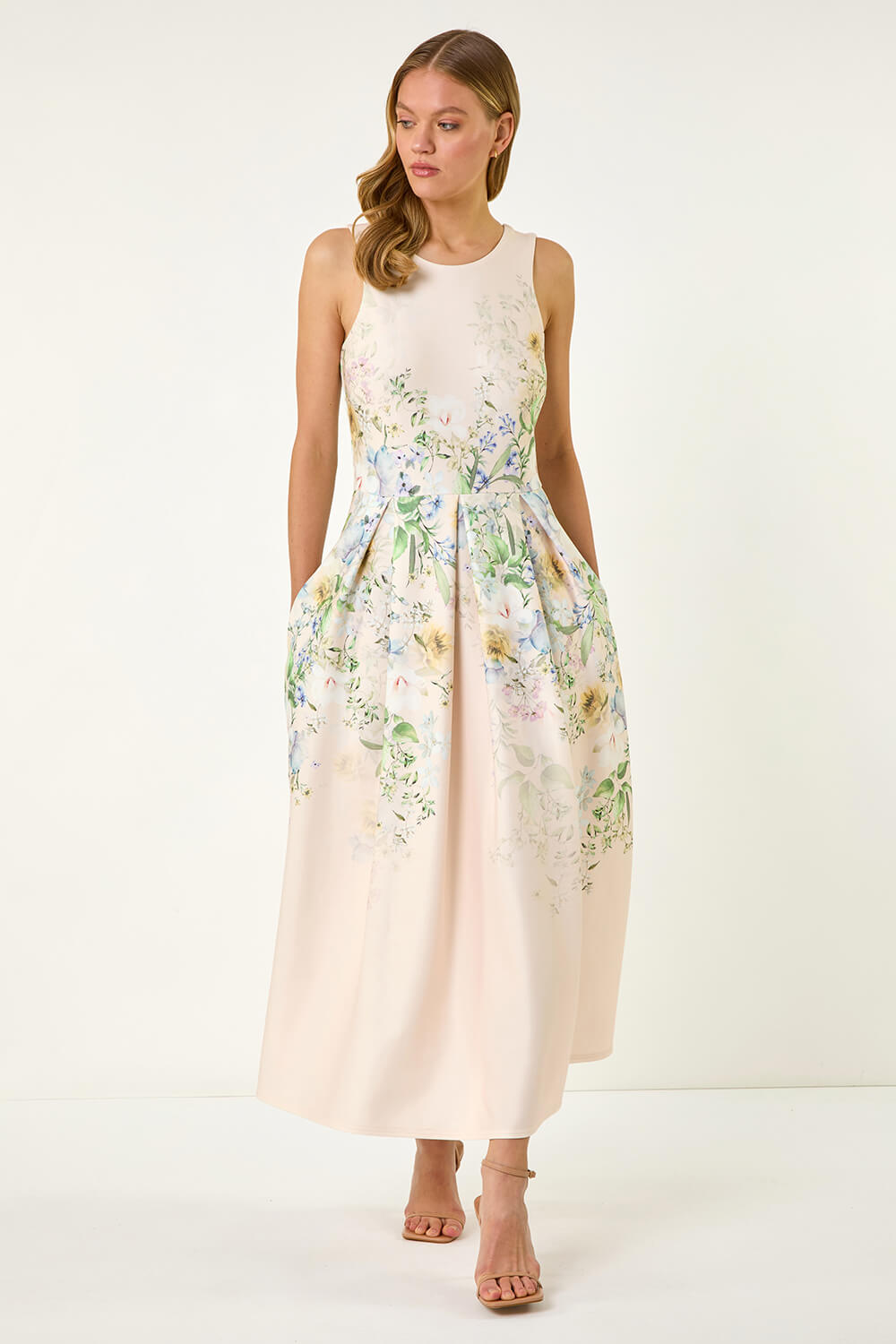 Cream Floral Print Stretch Midi Dress, Image 3 of 5
