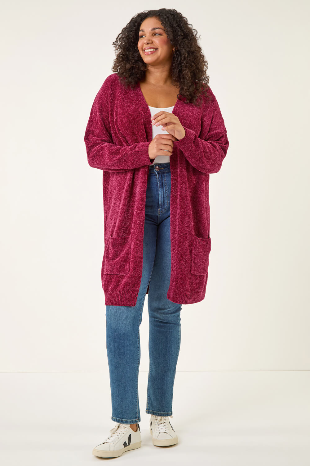 Red Curve Textured Chenille Knit Cardigan, Image 4 of 7