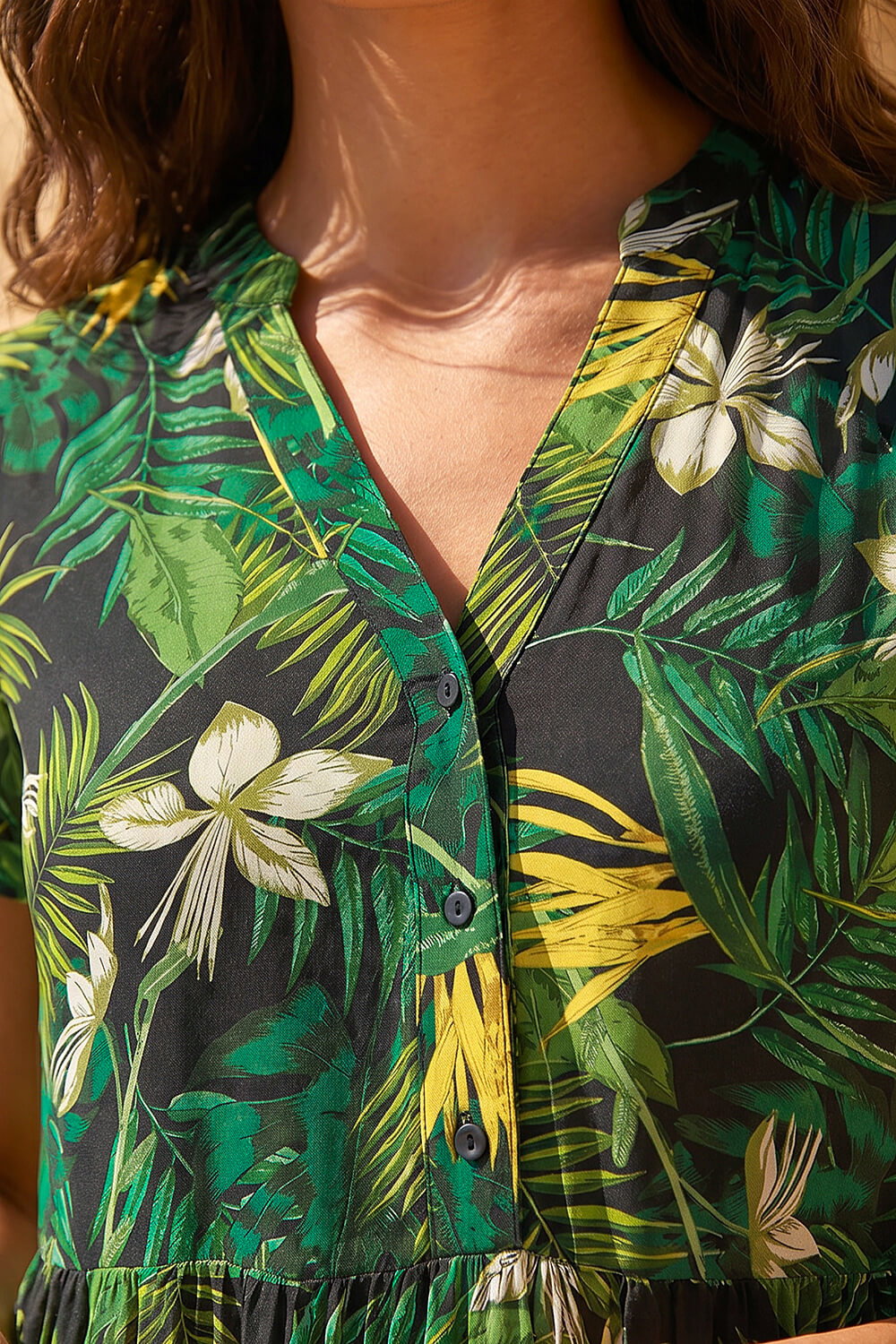 Green Tropical Leaf Print V-Neck Midi Dress, Image 5 of 4