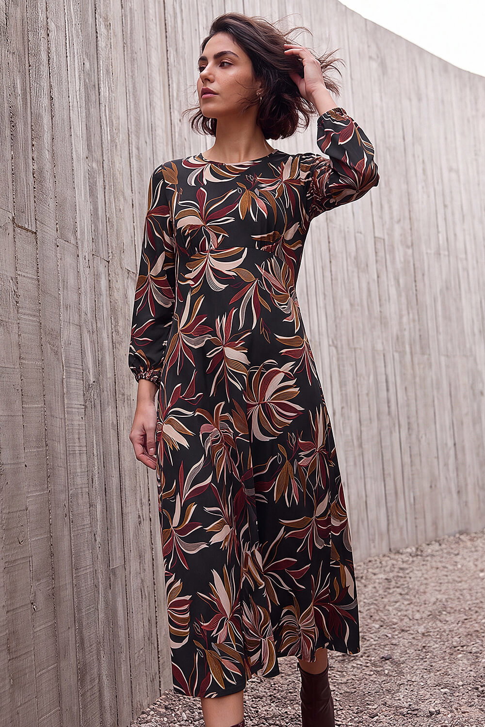 Roman Women's Rust Leaf Print A-Line Dress Size 20