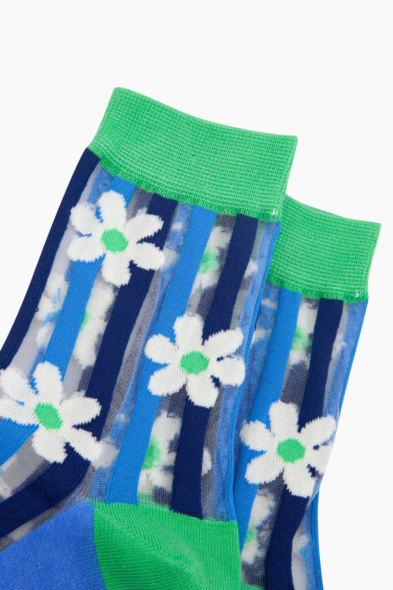 Multi Daisy Stripes Combed Cotton Sheer Pop Socks in Green, Image 2 of 4