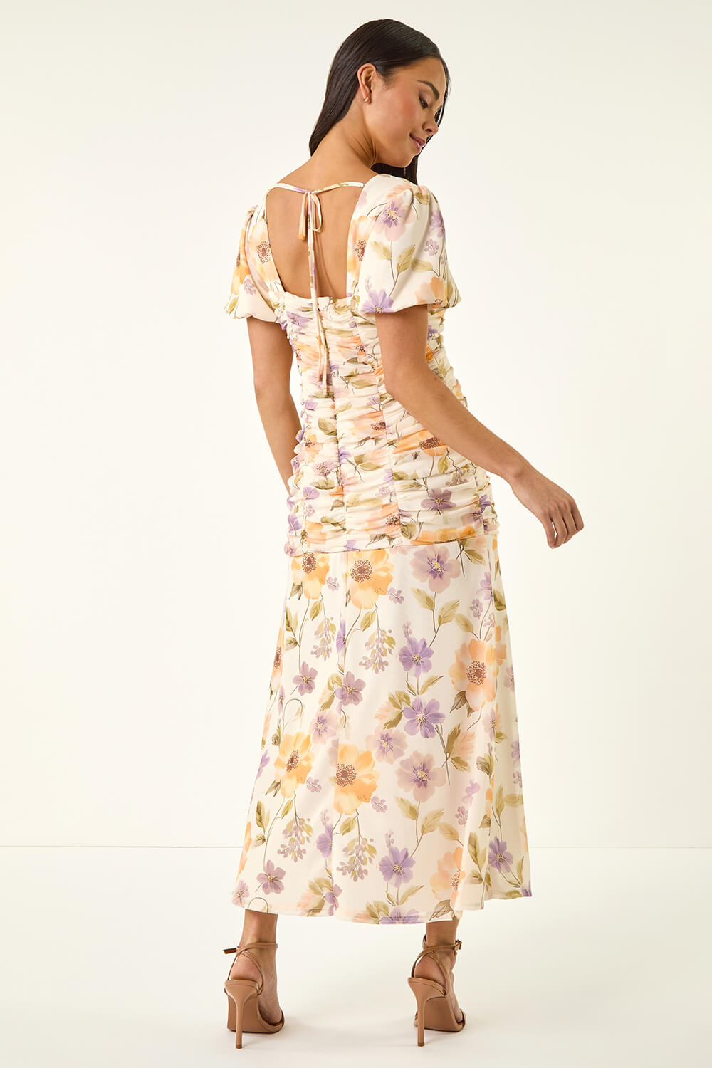 Ivory Petite Floral Ruched Stretch Midi Dress , Image 4 of 5