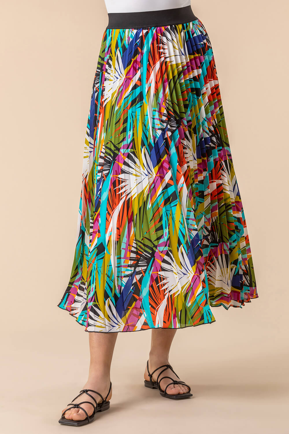 Multi Tropical Leaf Print Pleated Maxi Skirt, Image 1 of 4