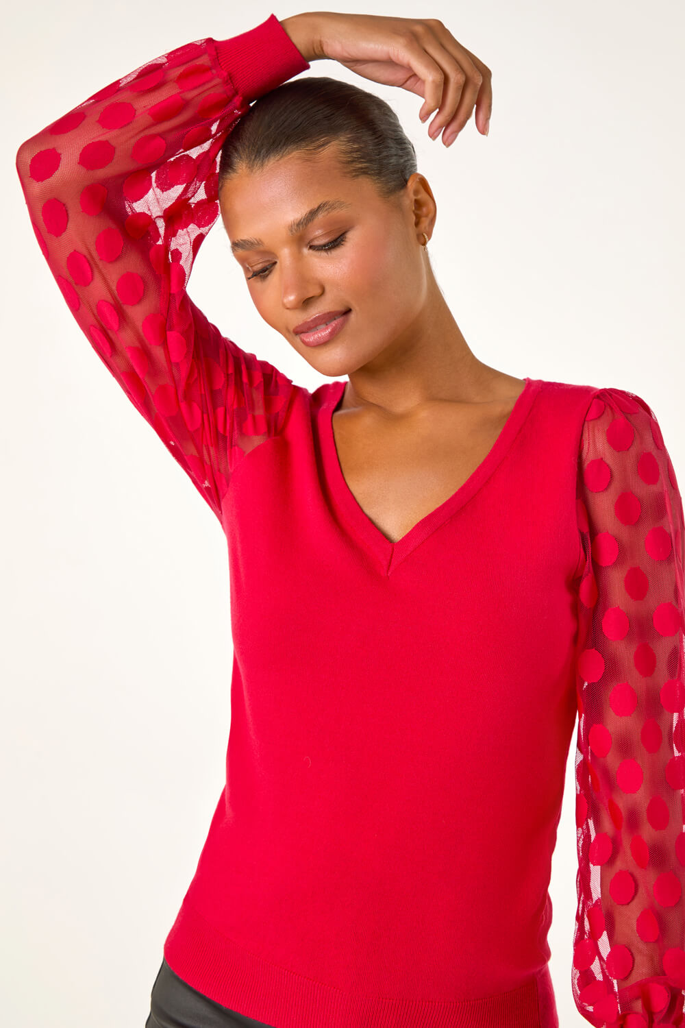 Red Polka Dot V-Neck Sleeve Knit Jumper, Image 5 of 5
