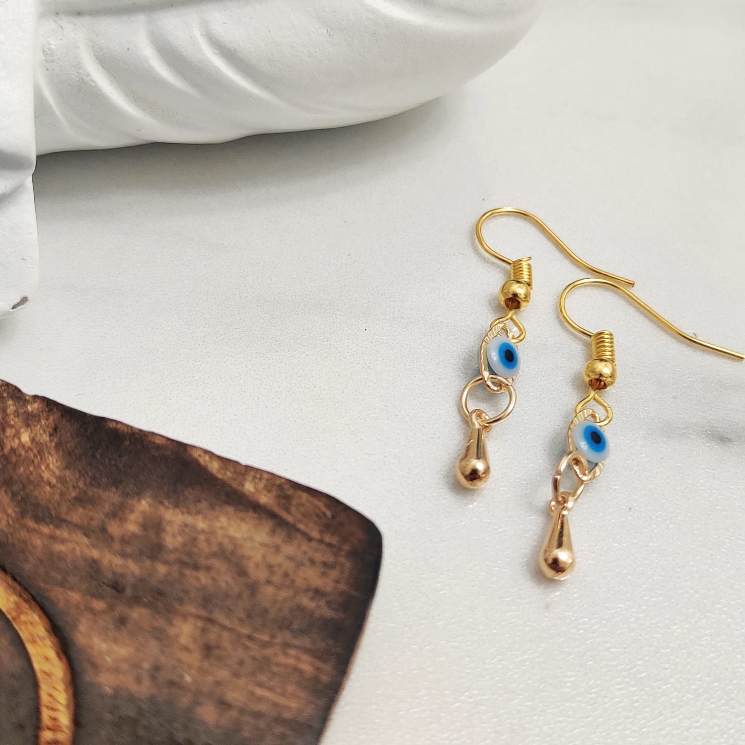 Gold Evil Eye Dangle Earrings Turkish Charm, Image 4 of 6