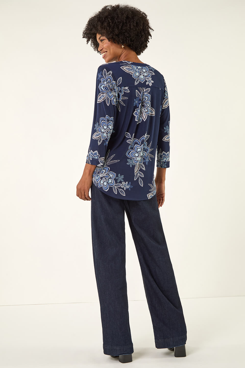 Blue Floral Puff Print Stretch Shirt, Image 4 of 5
