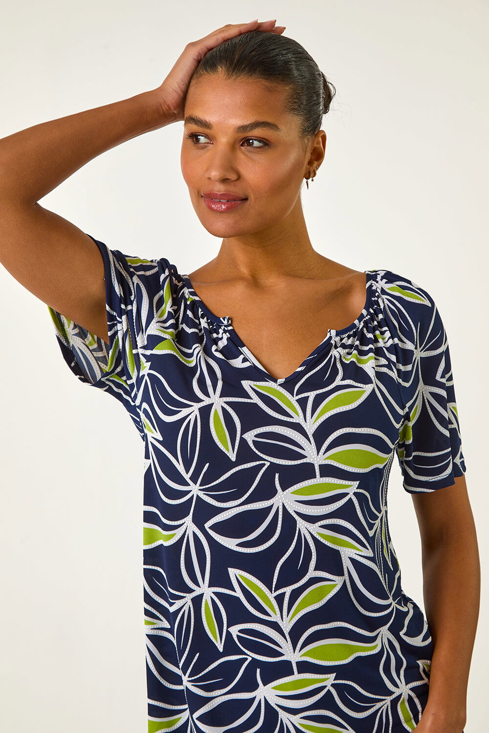 Roman Women's Lime Textured Leaf Print V-Neck Stretch Top Size 12