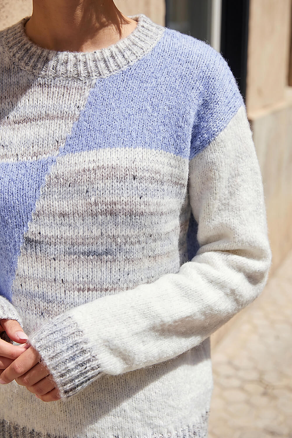 Light Blue Textured Colour Block Knit Jumper, Image 5 of 4