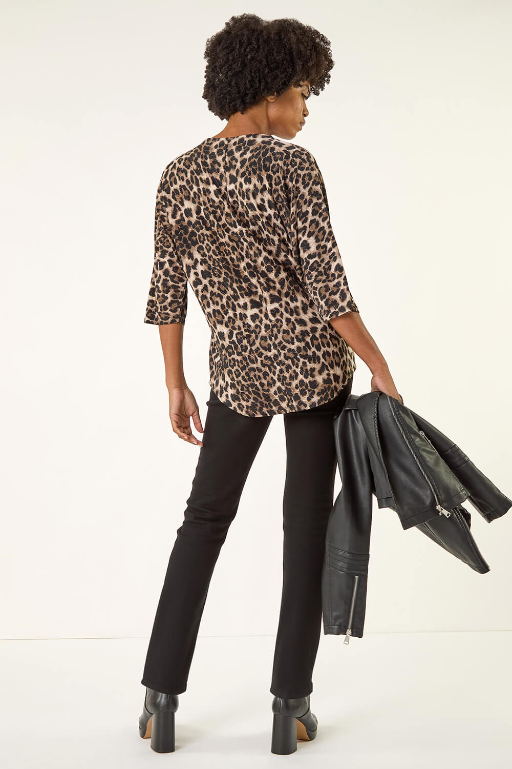 Tan Animal Print Zip Front Stretch Top, Image 4 of 5