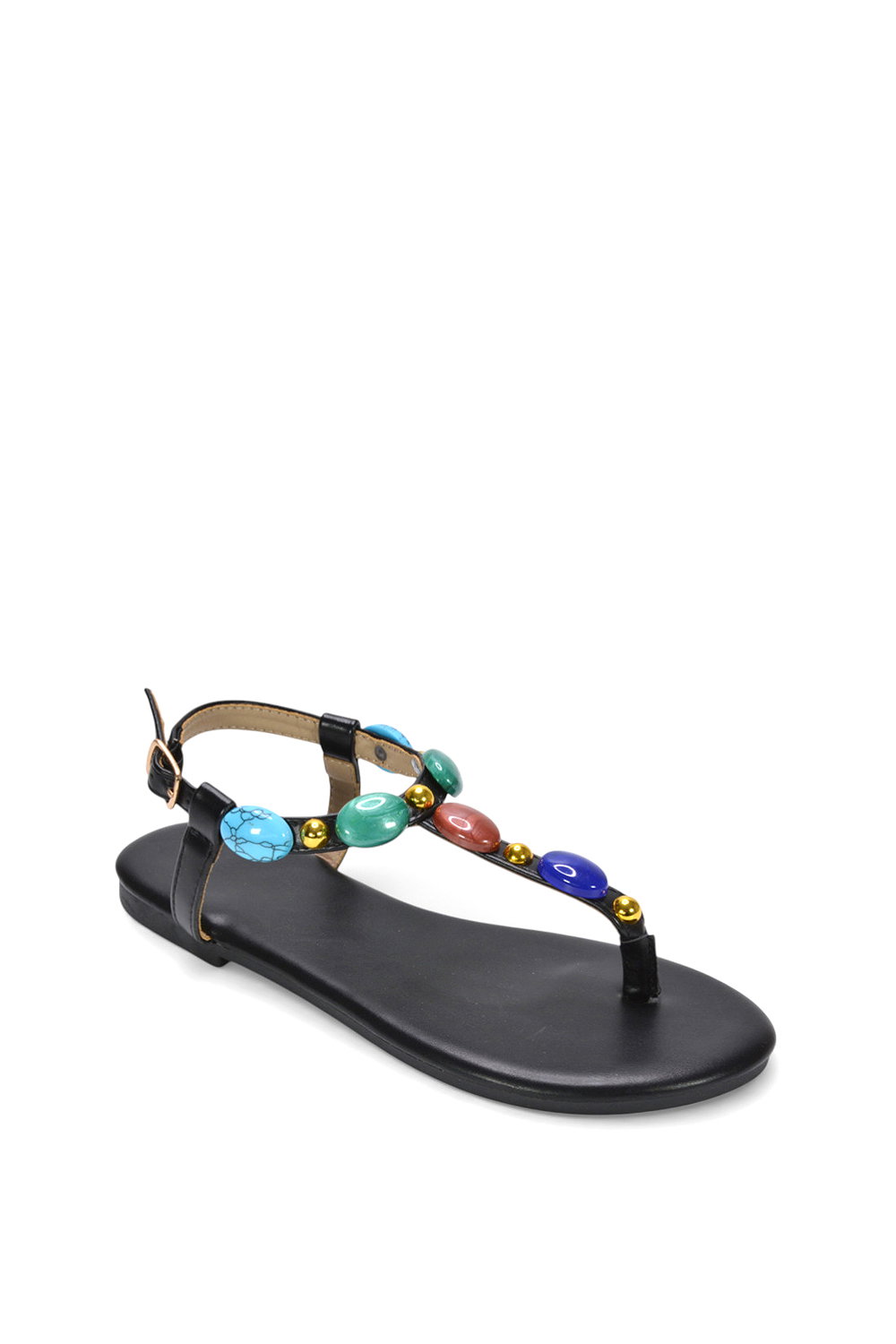 Black XY LONDON Black 'Sylva' Embellished Jewel Stone Flat T-Bar Sandals, Image 2 of 6
