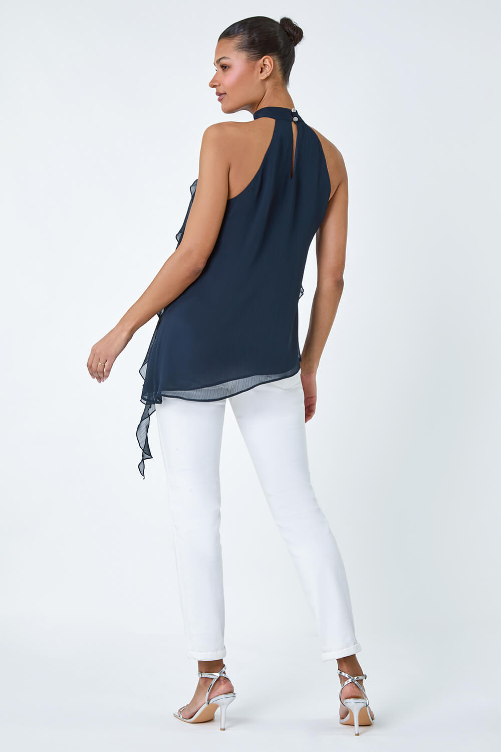 Navy Halter Neck Asymmetric Frill Detail Top, Image 4 of 5
