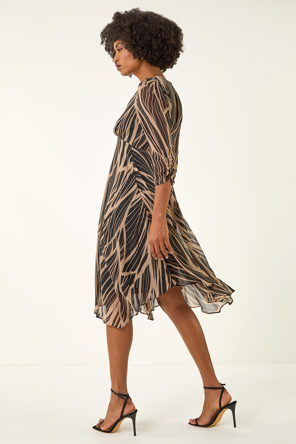 Black Abstract Chiffon Wrap Asymmetric Midi Dress, Image 4 of 5