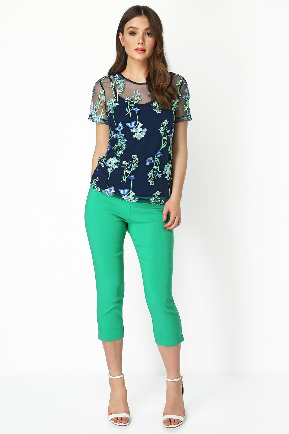 Blue Floral Mesh Embroidered Top, Image 3 of 8