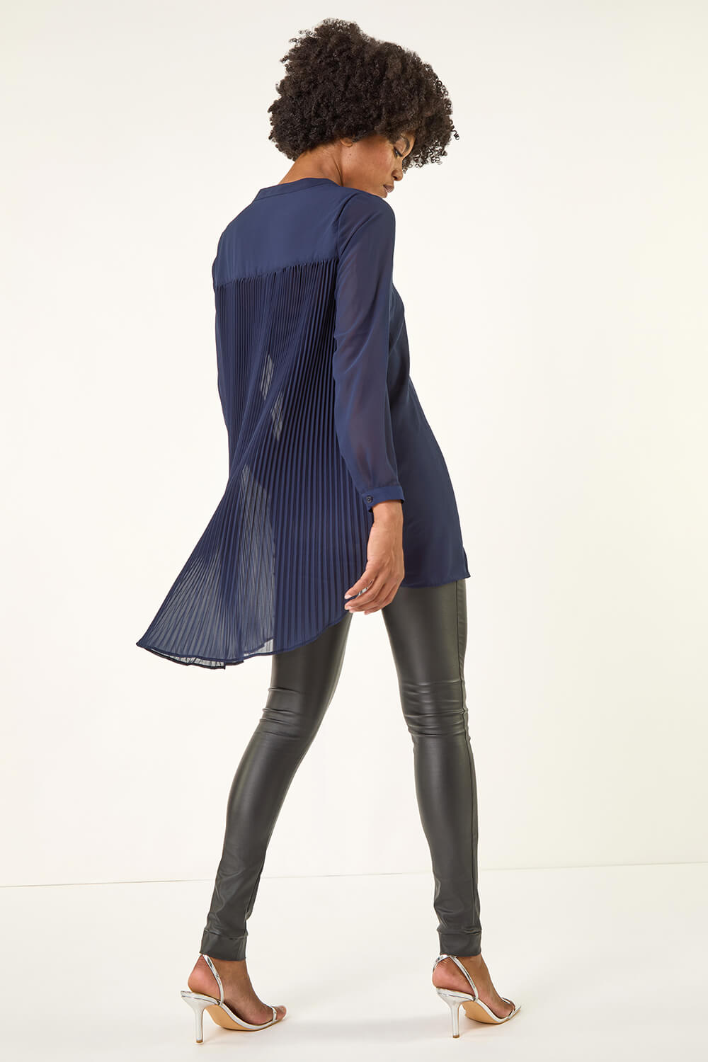 Navy V-Neck Pleated Back Blouse, Image 4 of 5