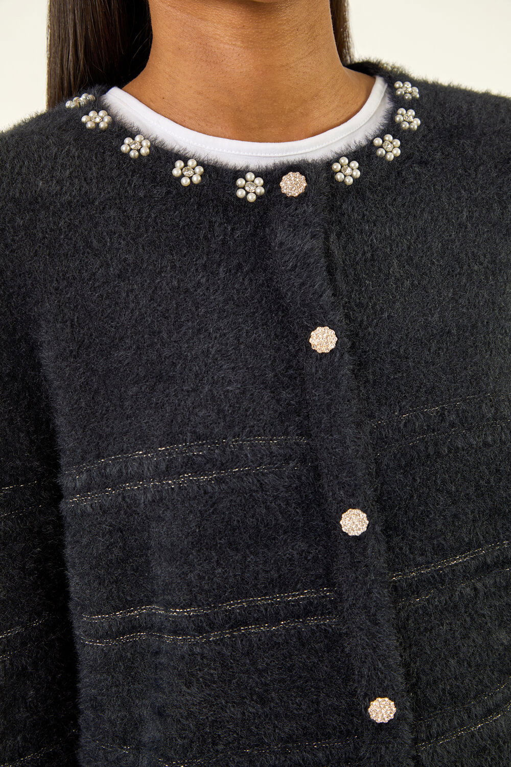 Black Fluffy Faux Pearl Knit Cardigan, Image 6 of 5