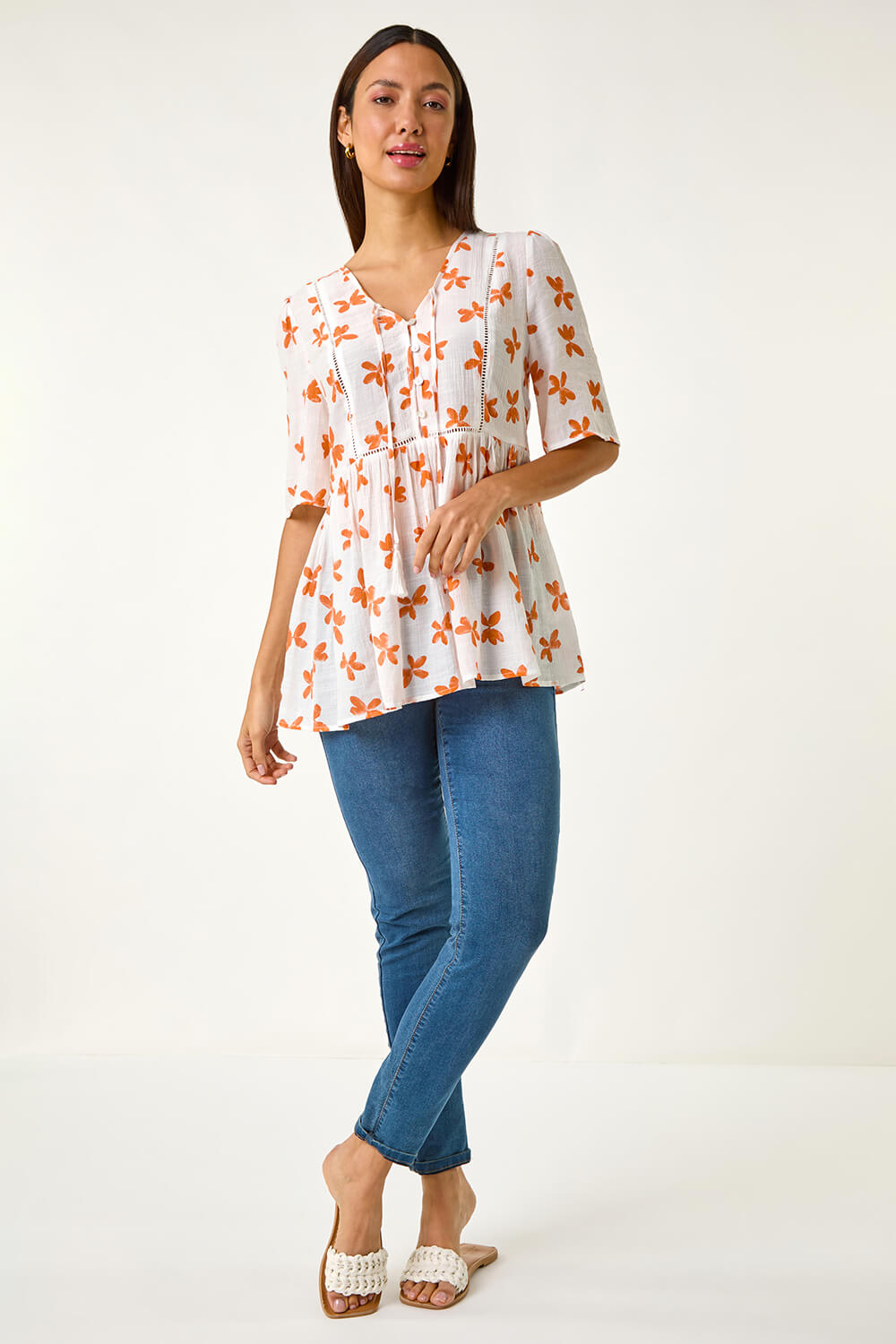 ORANGE Floral Print Tassel Top, Image 3 of 5