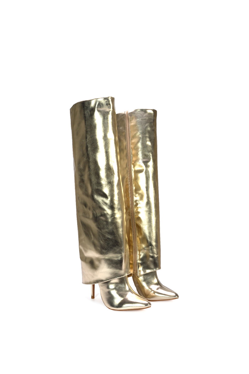 Gold XY LONDON Gold 'Shauna' Foldover Knee High Boots With Stiletto Heel, Image 4 of 6