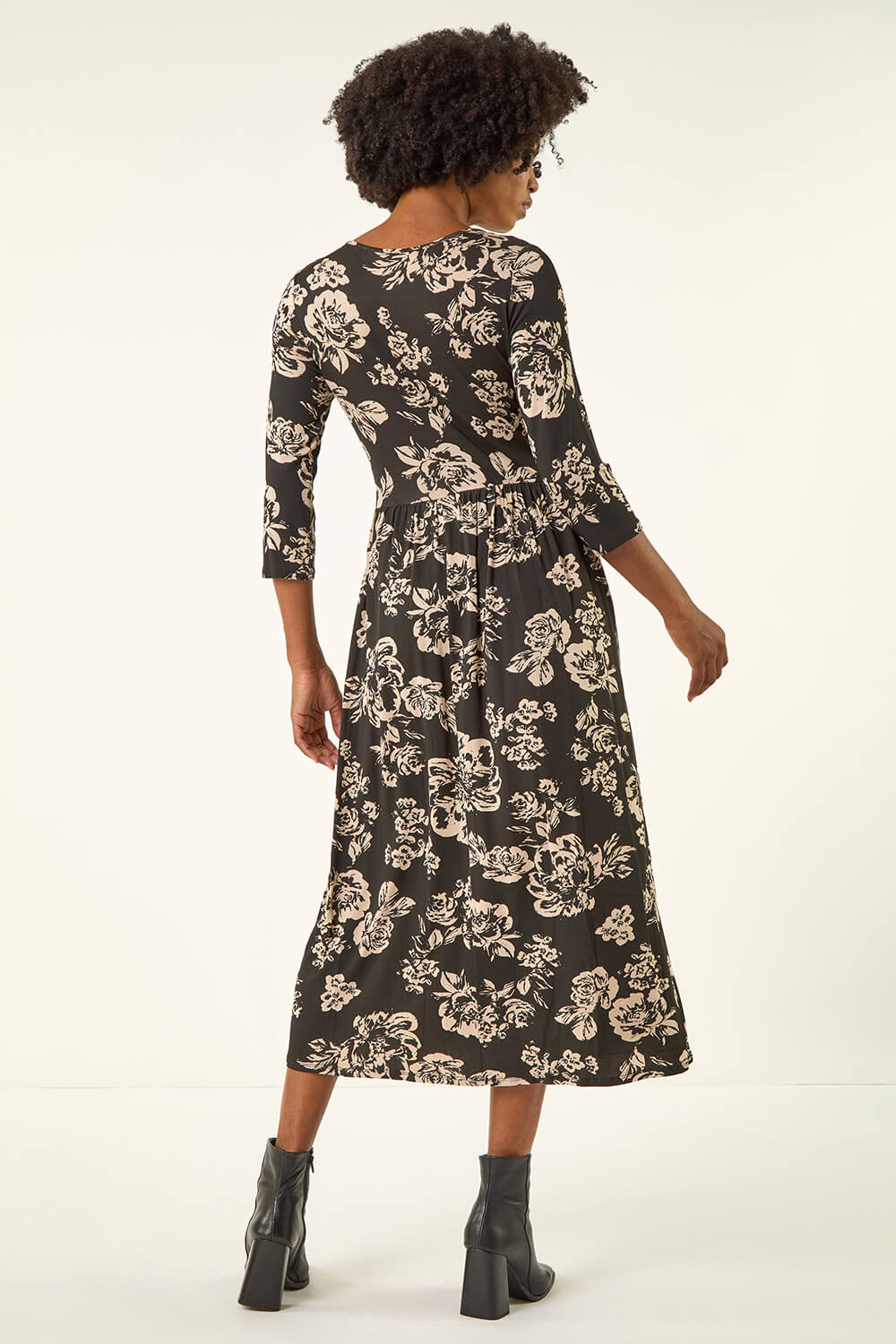 Black Floral Pocket Stretch Midi Dress, Image 4 of 5