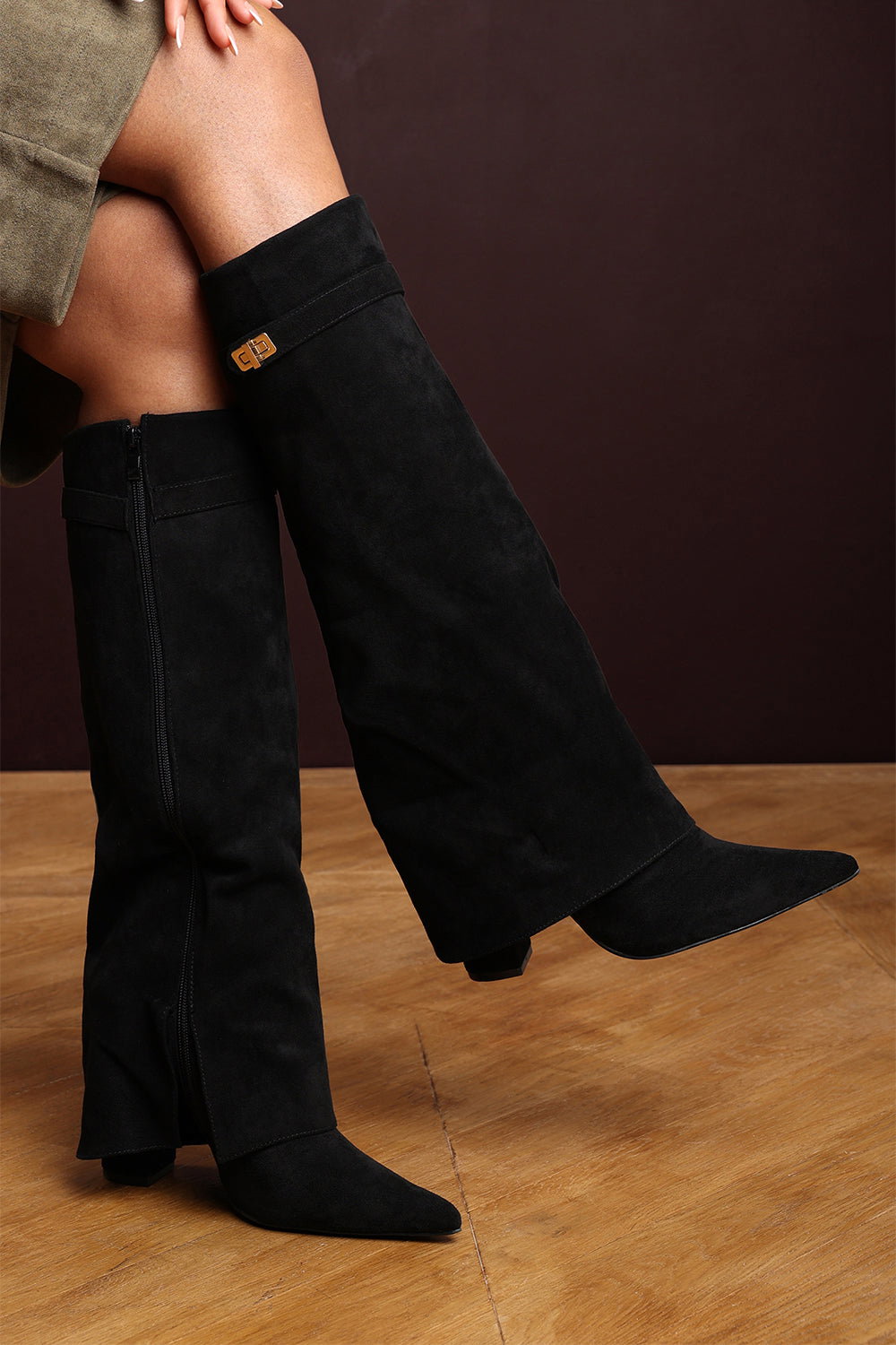 Black Keira Fold Over Shark Block Heel Point Toe Boots, Image 1 of 3