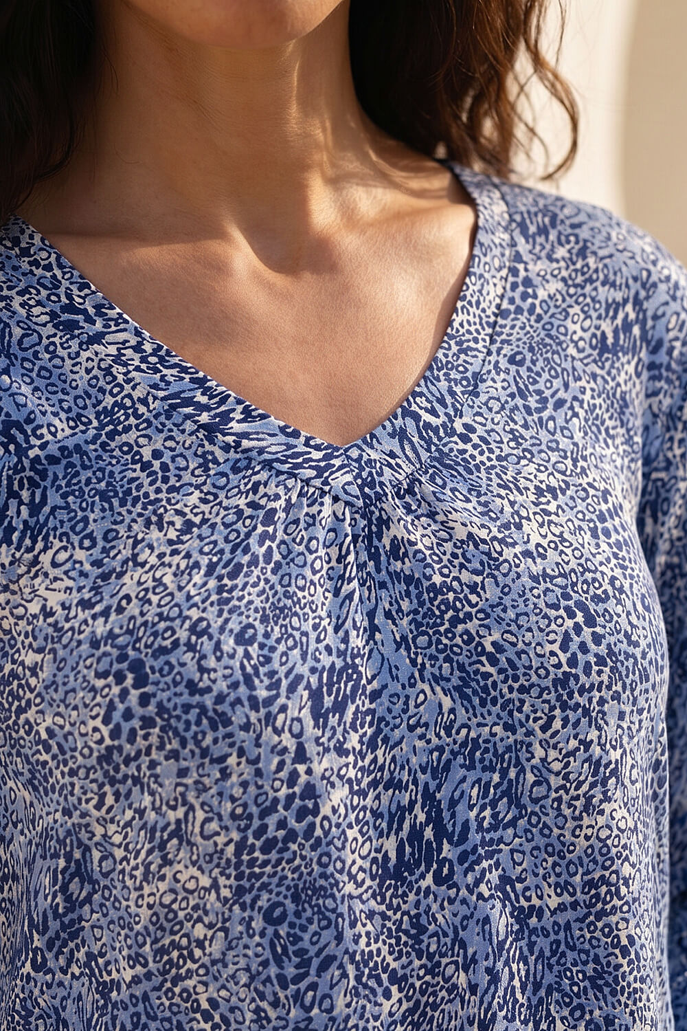 Blue Classic V-Neck Animal Print Top, Image 5 of 4