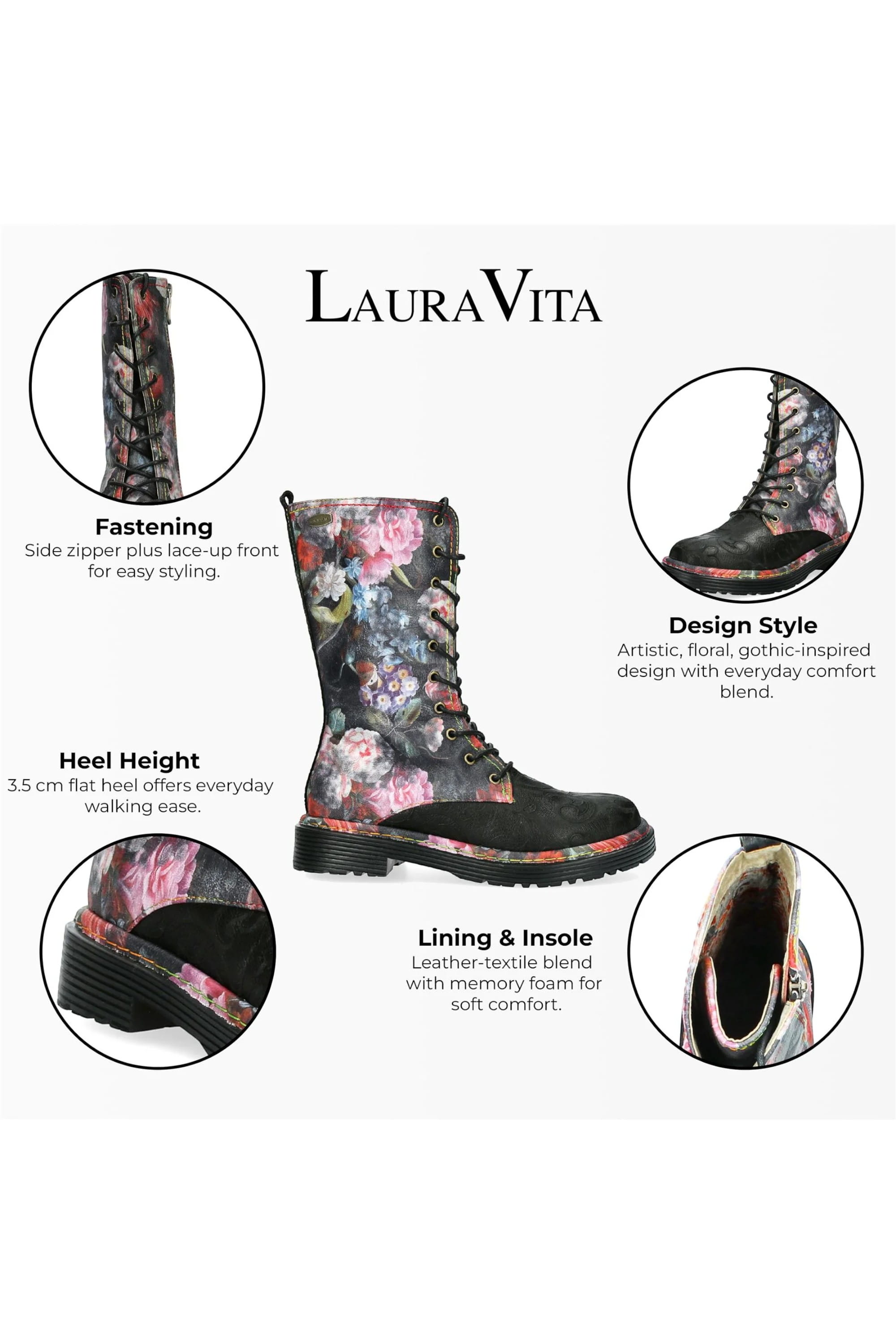 Black Womens Leather Gothic High Boots -INCASO, Image 3 of 7