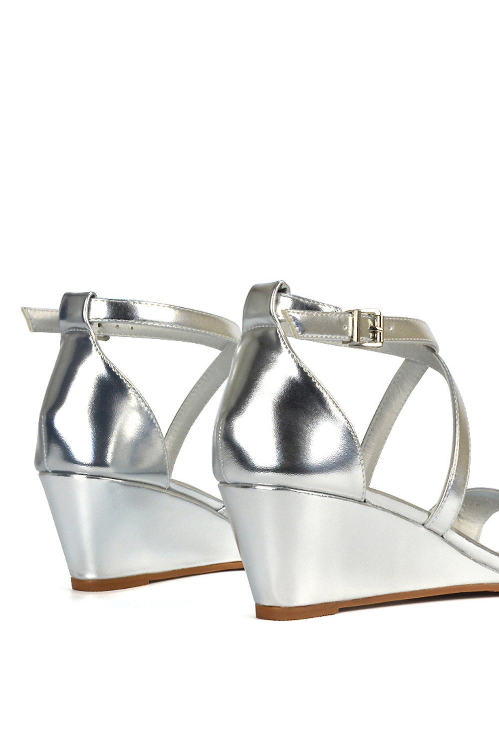 Silver XY LONDON Silver 'Kylie' Strappy Sandal Wedge Heels With Ankle Strap, Image 5 of 6