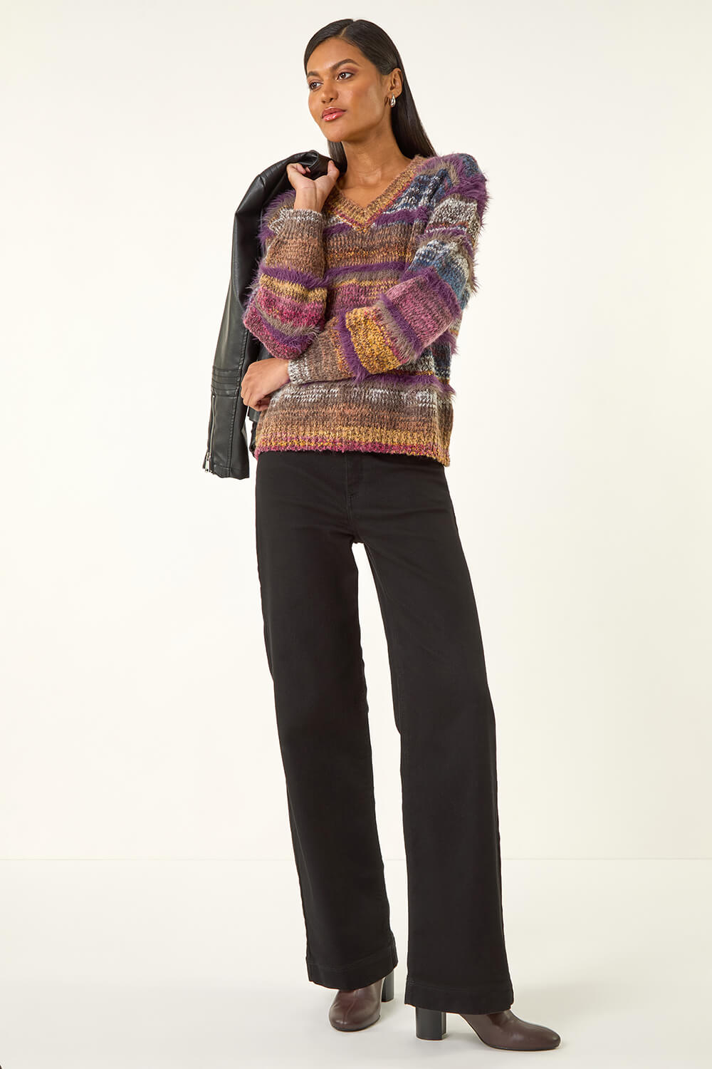 Purple Textured Stripe V-Neck Knit Jumper, Image 3 of 5