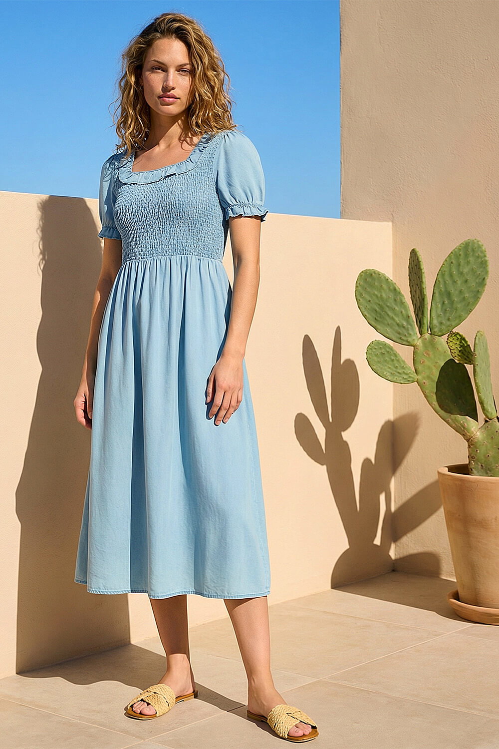 Denim Shirred Frill Midi Dress, Image 1 of 4