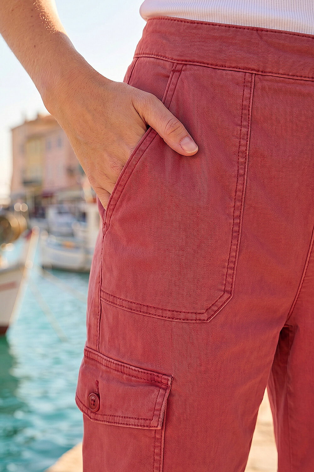 Rust Casual Elastic Waist Cargo Stretch Trousers, Image 5 of 4